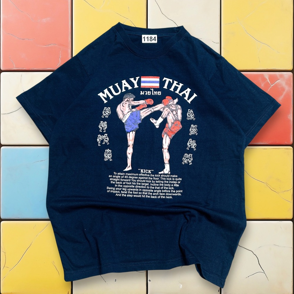 VTG Muay Thai Y2K Kick Boxing Shirt Men S Navy MMA Thailand Tee Kick Leeson
